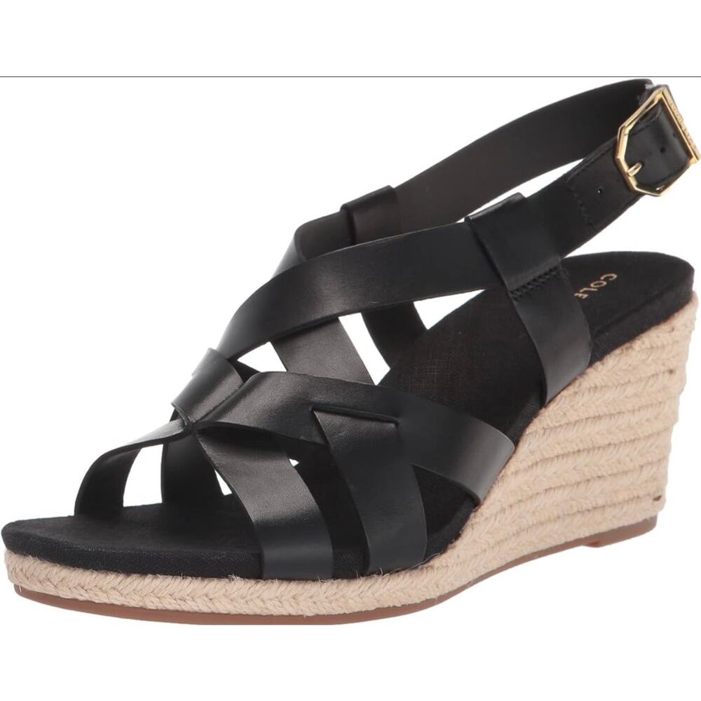 Cole Haan Black Leather Crystal Wedge Espadrille Sandals 10 B New